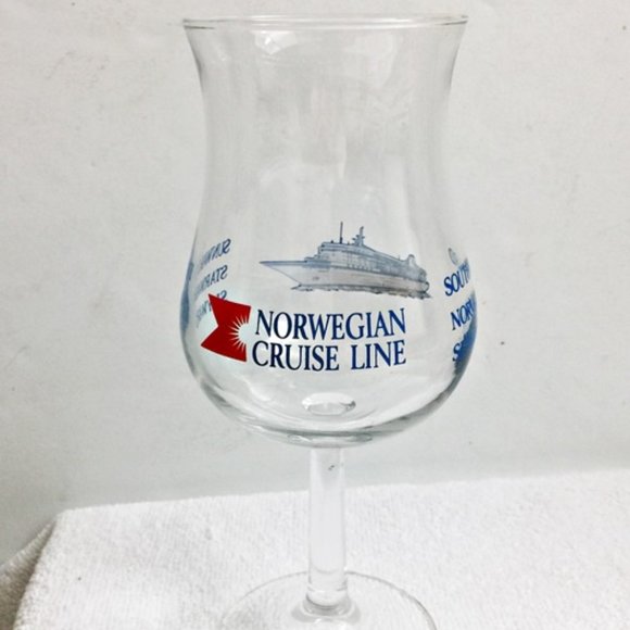 Norwegian Cruise Line Glass Goblet Water Wine Clear Blue Red Stemware Vintage - Picture 2 of 5